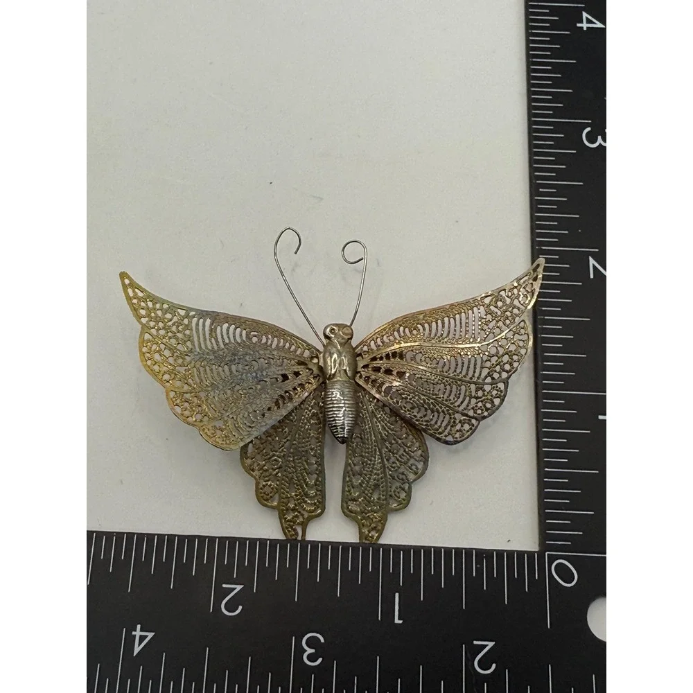 Vintage Filigree Butterfly‎ Brooch Brass Tone Large Lace Wing Insect Pin